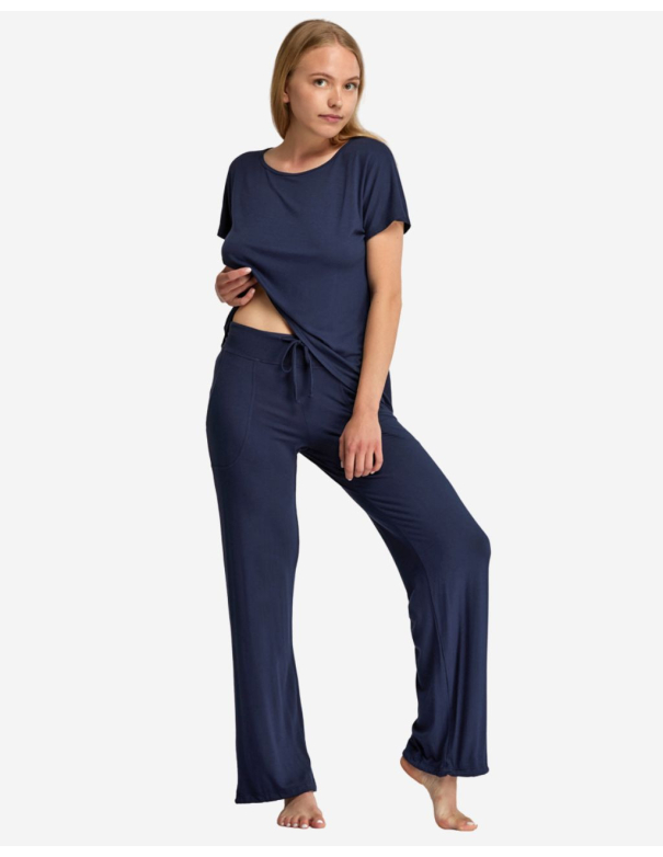 Pantalon fluide droit Bleu avec poches et lien aux chevilles