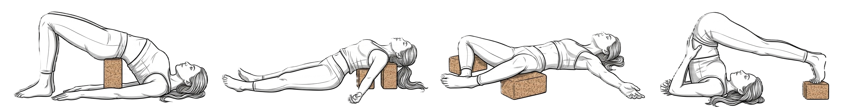 Postures de détente et récupération avec une brique de yoga : pont, poisson, papillon allongé et charrue