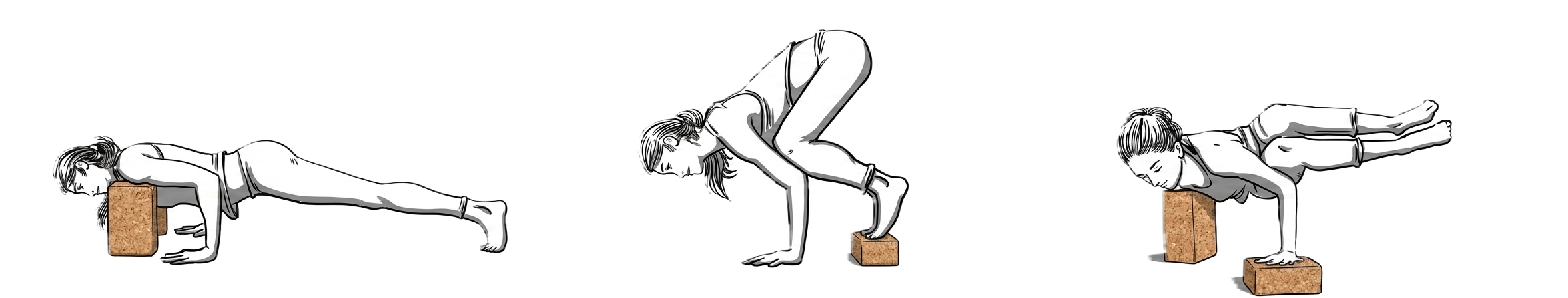 Postures de force avec une brique de yoga : chaturanga, corbeau et corbeau sur le côté