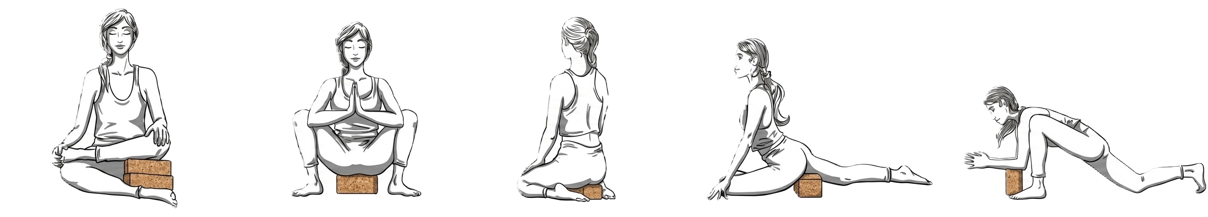 Postures avec une brique de yoga comme support : double pigeon, malasana, hero, pigeon et lézard
